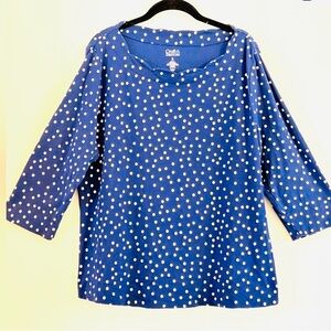 Craft & Barrow Blue White Polka Dot Long Sleeve Scalloped Neckline Top Sixe XL